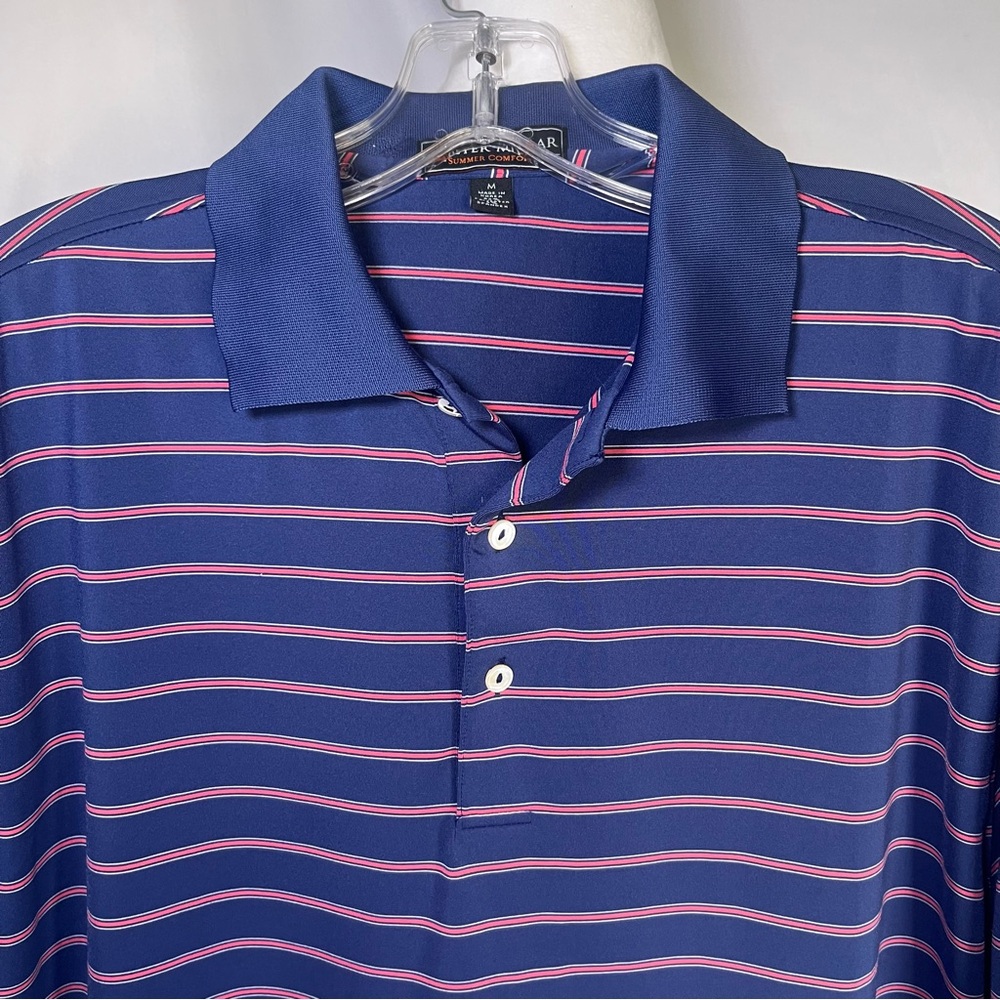 Peter Millar Summer Comfort Performance Striped Golf Polo‎ Shirt Blue/Pink Med